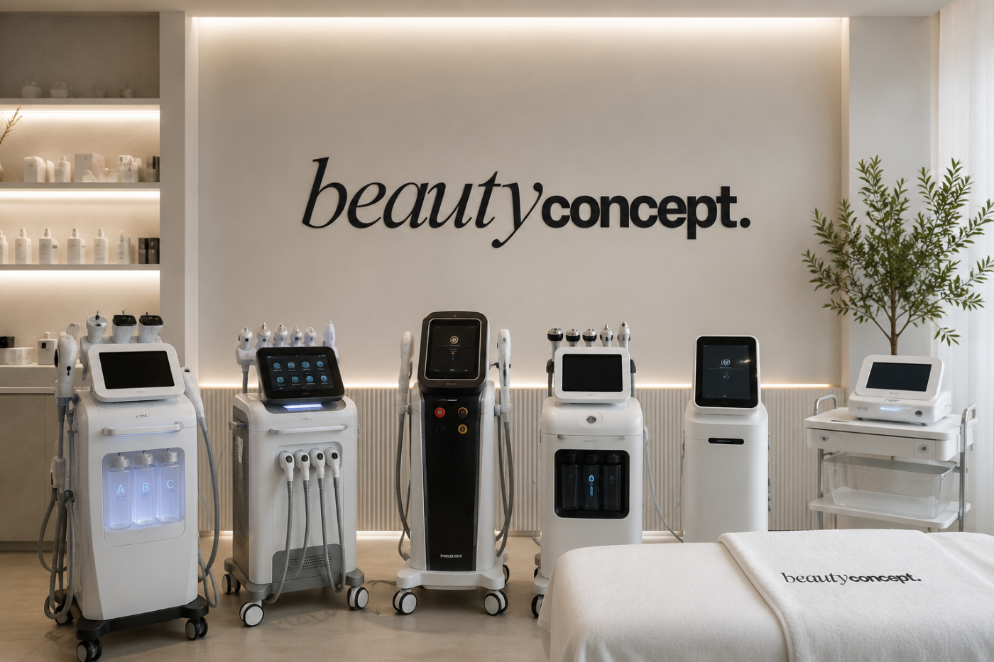 Showroom beautyconcept con equipos profesionales de estética: hydrafacial, HIFU, IPL y analizador de piel